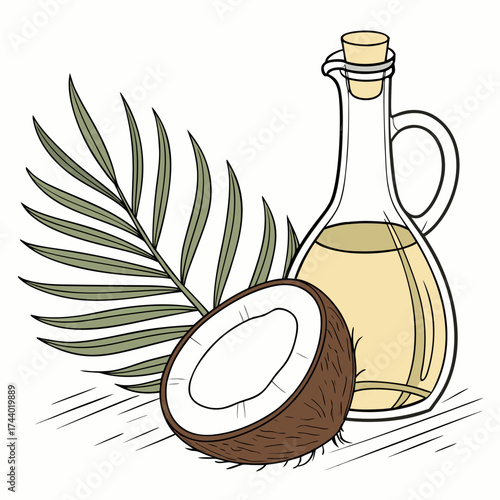 A refreshing depiction of a halved coconut with a palm frond and a glass bottle filled with golden coconut oil