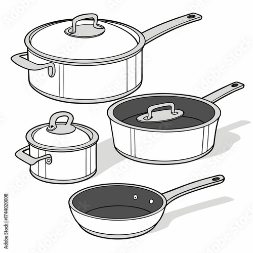 Collection of various kitchen pots and pans with lids and handles presented in a clean isometric illustration style
