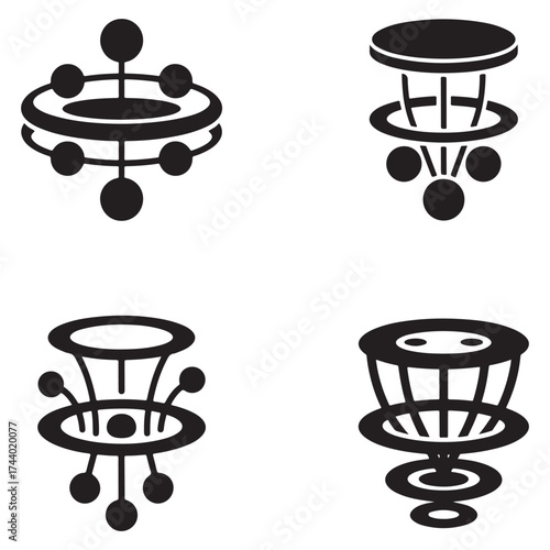 Collection of quantum computing symbols and icons in silhouette style