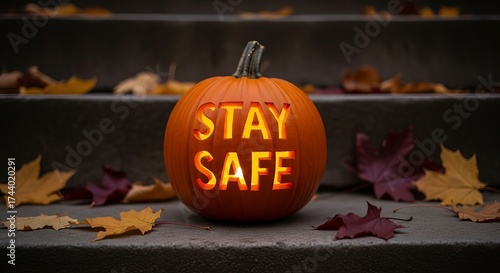 Pumpkin with stay safe carved, surrounded by autumn leaves