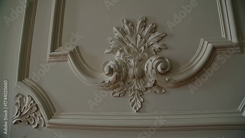 Ornate plaster wall molding with floral motif and curved decorative frame in classic interior under soft light
