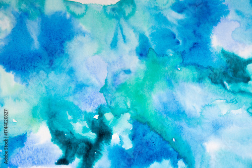 Real Hand Drawn Watercolor Blue and Green Wet Spots Background