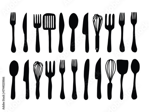 Kitchen Utensils Silhouette Vector Set Cooking Tools Icons. Black Kitchen Tools Vector. Spoon, Fork, Knife, Whisk Silhouettes