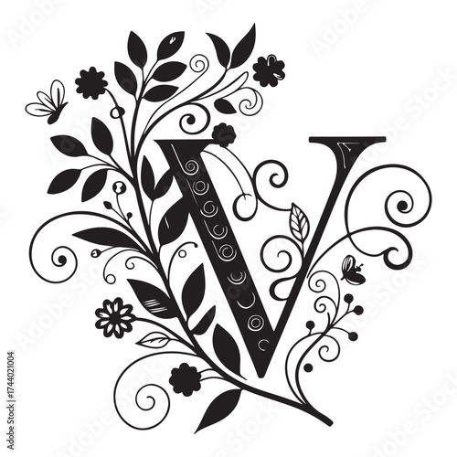 Letter v monogram with floral design isolated on white background for decoration and branding purposes