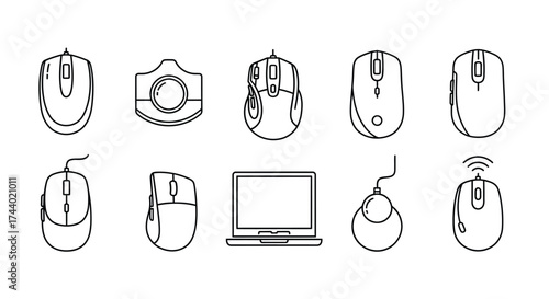Collection of computer mice and laptop icons various designs and styles for digital use vector