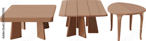 3D wooden table collection, modern furniture design with square, rectangular, and oval shapes, realistic wood texture for interior rendering
