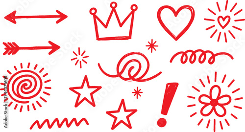 Hand Drawn Red Doodle Icons on White Background