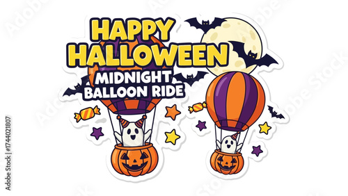 Halloween Balloon Ride: Spooky silhouettes dance in the night as a whimsical balloon ride offers a thrilling adventure under a festive full moon. The celebration.