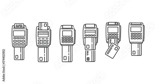 Collection of stylized hand drawn credit card terminals for business transactions and payments vector