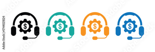 Customer service headset icon with gear and dollar sign in black, teal, orange, and blue colors, isolated on transparent background