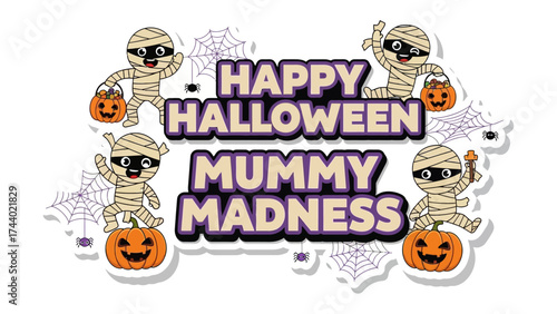 Mummy Madness Halloween: An adorable illustration of mummies, pumpkins, and spider webs. Capturing the fun of Halloween season.