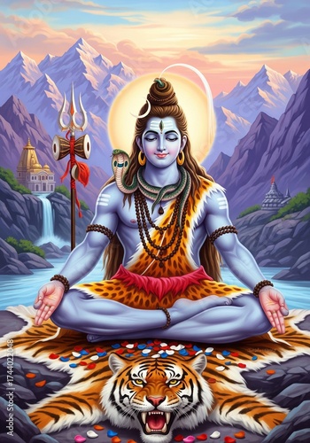 Lord Shiva Meditating in Serene Himalayan Landscape with Tiger Skin.