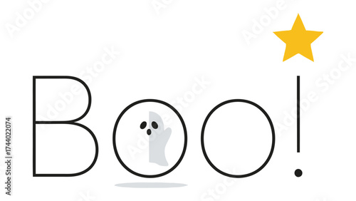 Spooky Halloween greeting: A playful and minimalist Halloween illustration spells out Boo! accompanied by a charming ghost figure and a golden star.