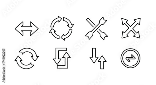 Collection of eight diverse arrow icons representing direction navigation and circular movements vector