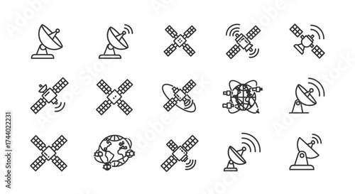 Collection of satellite and antenna icons representing communication technology and space exploration vector