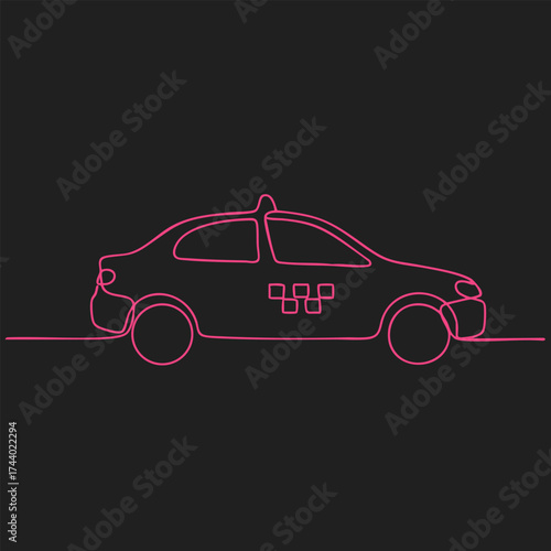 Minimalist neon pink line drawing of a taxi cab on a dark emphasizing simplicity and modern design