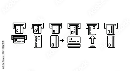 Credit card insertion and withdrawal process icons set financial transaction symbols vector