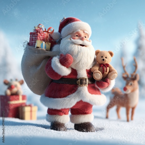 Santa Claus with gifts and teddy bear standing in snowy winter forest with reindeer and holiday mood
