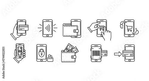 Set of hand-drawn icons representing digital payment and mobile banking transactions vector