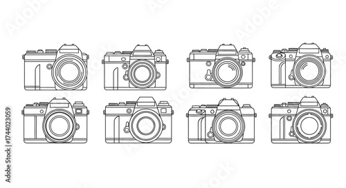 Collection of vintage camera line drawings isolated object photography equipment vector
