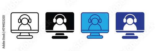 Set of four computer monitor icons with a person wearing headphones displayed on the screen, isolated on transparent background