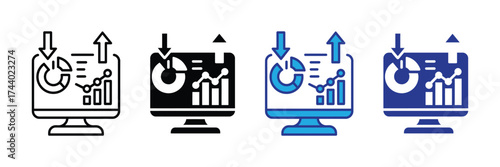 Computer monitor displaying financial charts and graphs with upward and downward arrows, representing data analysis and business growth, isolated on transparent background