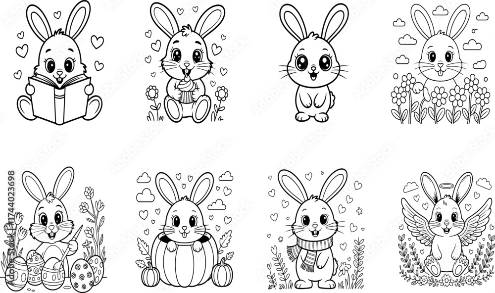 Obraz premium Black and White Cartoon Rabbit Illustrations – Whimsical Animal Scenes for Kids and Storybooks