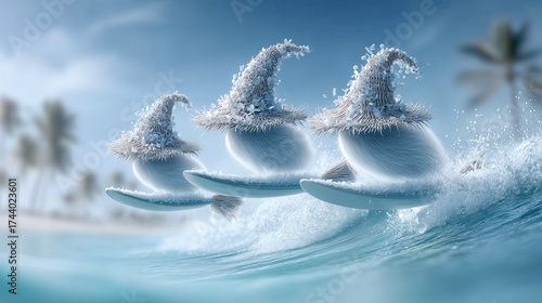 Mezcla de muñecos peludos en forma de mini brujas, con sombreros puntiagudos sobre unas tablas de surf escoba surcando unas olas en la playa, tonos grises, azules, blancos, Halloween en verano