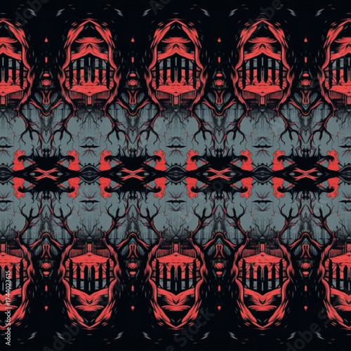 Dark gothic symmetry with red and black tones forming haunting organic shapes like twisted trees. Abstract, gothic, red, dark, symmetry.
