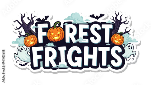 Forest Frights Illustration: Spooky illustration. This digital artwork features vibrant pumpkins, ghostly figures, and haunting trees against a shadowy backdrop.