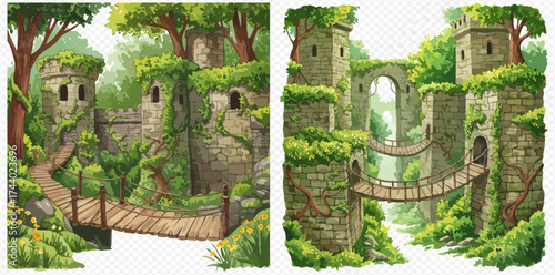 Fantasy landscape featuring ancient stone structures overgrown with lush greenery and connected by wooden bridges.