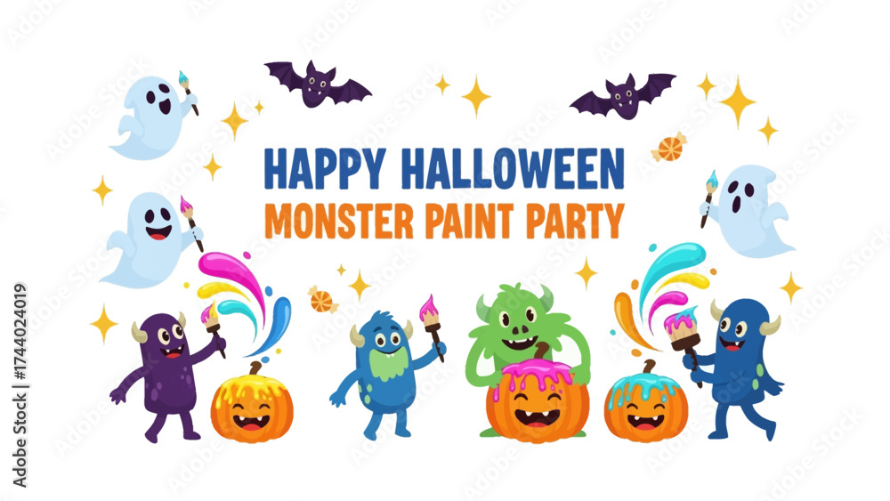 Fototapeta premium Halloween Monster Paint Party: A whimsical illustration inviting all to a fun Halloween celebration filled with cute monster and spirited decorations.