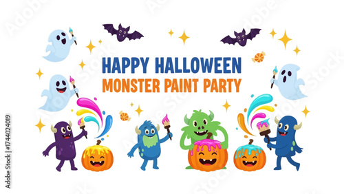 Halloween Monster Paint Party: A whimsical illustration inviting all to a fun Halloween celebration filled with cute monster and spirited decorations.