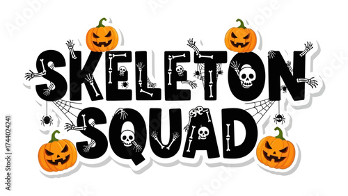 Spooky Skeleton Squad Emblem: A fun Halloween design featuring a cheerful team of skeletons and pumpkins. Perfect for seasonal greetings or thematic projects.