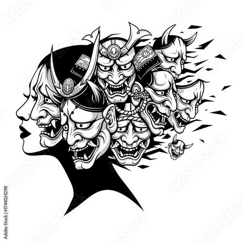 Woman's Profile with Japanese Demon Masks