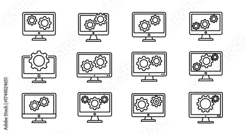 Computer monitors displaying gears and settings icons representing technology and digital processing vector