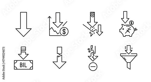 Hand drawn downward trend icons financial decrease symbols representing loss economy business decline vector