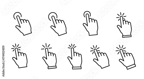 Collection of hand cursor icons showing click and tap actions for digital interfaces vector