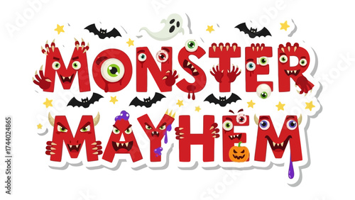 Monster Mayhem Illustration: A lively and colorful illustration featuring the words Monster Mayhem, decorated with various playful monster-themed elements and other whimsical details.