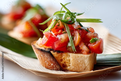 Detailed close-up photography of a delicious bruschetta on a palm leaf plate over white background