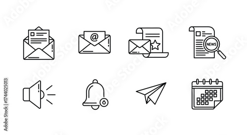 Set of eight communication and productivity icons for digital content creation and marketing vector