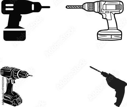 Power drill icon, cordless hand drill, solid black vector
