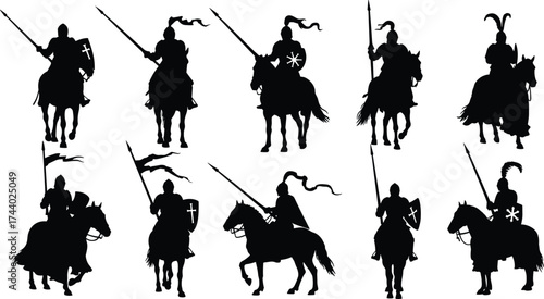 Medieval knights riding horses with lances and shields in heroic battle poses, black silhouette vector illustration for historical war art
