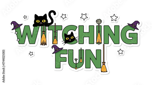 Spooky Witching Fun Design: Captivating illustration showcasing Witching Fun with playful cats, hats, broomsticks, and stars, perfect for Halloween-themed projects.