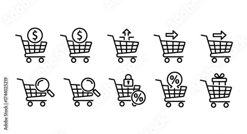 Hand drawn shopping cart icons set representing e commerce and online retail concepts vector