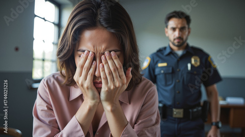 Emotional Testimony Scene – Distressed Woman With Police Officer in Courtroom Setting for Criminal Justice Awareness, Legal Dramas, and Human Rights Advocacy