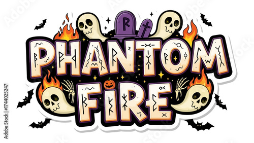 Phantom Fire: A spooky Halloween-themed design. With ghostly figures, burning flames, and playful skulls. Evokes the spirit of the holiday. 