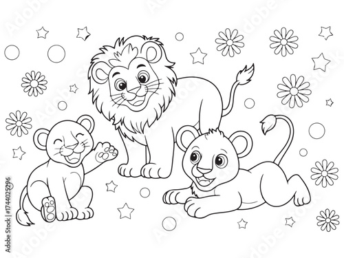 A heartwarming line drawing of a lion father with his two playful cubs surrounded by snowflakes, perfect for coloring.