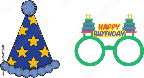Festive birthday cap illustration, transparent background, cheerful colors
