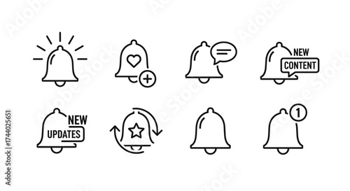 Collection of notification bell icons for alerts messages updates and content warnings artistic outline style vector
